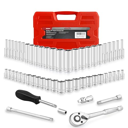 Image of EACELIY 54pcs 1 /4 inch Socket Set,Drive Impact Socket Set, SAE /Metric, Deep & Shallow with Universal Joint,Extension Bars,Hex Bit Holder, Spinner Handle,Ratchet,Cr-V Steel,6 Point,4-14mm,5 /32-9 /16 inch