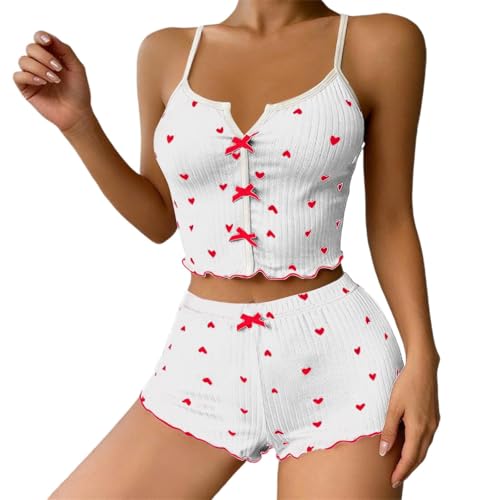 Générique Saint Valentin Pyjama Femme Sexy Chic, Orné d'un Nœud Papillon et d'un Cœur Mignon, Original Ensemble Pyjama 2 Pieces Débardeur à Col U + Pantalon Taille Haute