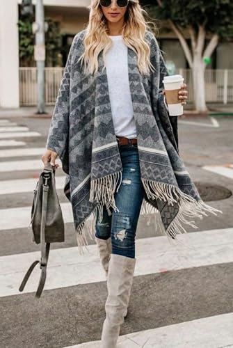 Image of Bestshe Women's Boho Open Front Poncho Plaid Shawl Wrap Cape | Tassel Cardigan Sweater, Cozy Layering, Fall Winter Clothes for Women