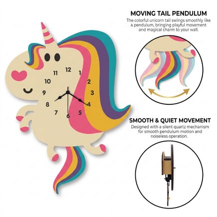 Image of Personalised with Your Name, Fantasy Horse Design Pendulum Wall Clock for Kids Room, Decorative Analog Timepiece with Swinging Element, Fantasy Theme Home Accent for Bedroom, Nursery, Playroom