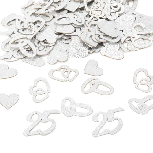AuraFusion Argent Noces de Mariage Décoration 100 Pièces Confettis Scintillants avec 25, Anneaux, Motifs de cœur, Décoration de Table idéale pour Le...
