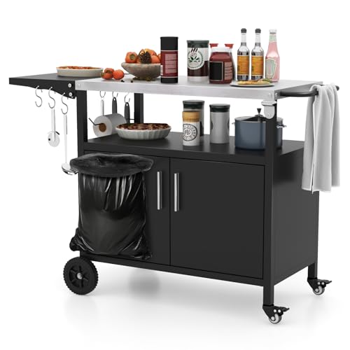 GOPLUS Desserte Jardin pour Plancha Barbecue 3 Niveaux, Îlot Cuisine avec Plan de Travail Pliant,Porte-Serviettes, 6 Crochets,Mobile Préparation Exterieur,Charge...