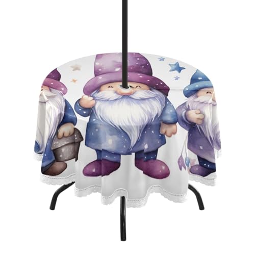 Wajiw 60 Inch Indoor Outdoor Round Tablecloth with Umbrella Hole and Zipper Waterproof Patio Table Cover for Camping Dining Room Party Outdoor Picnic,Cute Gnomes