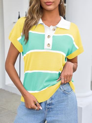 Image of Saodimallsu Women's V Neck Button Down Striped Short Sleeve Knit Sweater