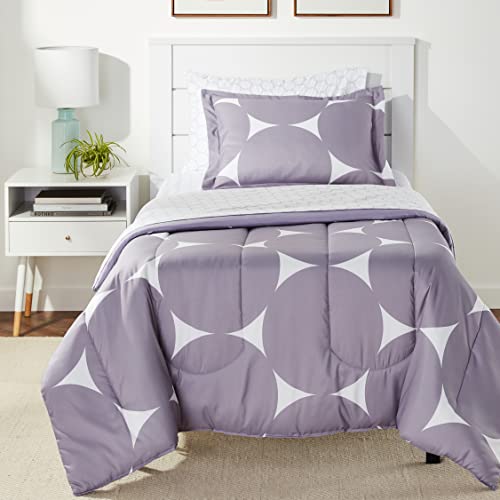 Amazon Basics Lightweight Microfiber Bed-in-a-Bag Comforter 5-Piece Bedding Set, Twin/Twin XL, Purple Mod Dot, Geometric