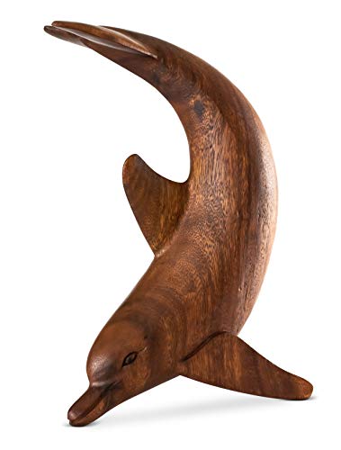G6 Collection Wooden Hand Carved Dolphin Statue Sculpture Wood Decorative Home Decor Accent Figurine Handcrafted Handmade Seaside Tropical Nautical Ocean Coastal Decoration (Dancing Dolphin, 12") #TOP1