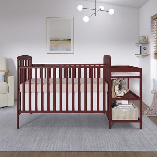 Image of Dream On Me Anna 3-in-1 Convertible Full-Size Baby Crib & Changer with Storage in Cherry, GreenGuard Gold & BSA, Pinewood, Converts to Day & Toddler Bed, 3 Mattress Heights, 1″ Changing Pad