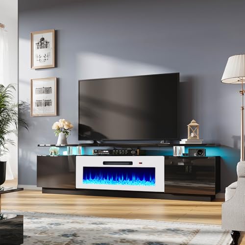 Image of AMERLIFE 80 inch High-Gloss Fireplace TV Stand with 40 inch Electric Fireplace | Black /White LED TV Console, Modern Living Room Entertainment Center, Fits TVs up to 90 inch, 2 Cabinets, 2-Tier Storage Space