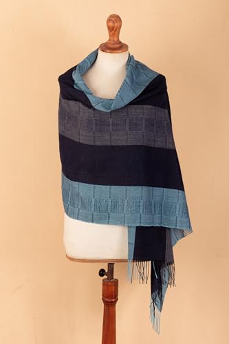 NOVICA Artisan Crafted Handmade Peruvian Alpaca Shawl | Wool Patterned Accessories Shawls | Warm Cozy | Rich Blue Spectrum | Fine Soft Fleece | Patternd Striped | Peru ' Huancayo Blues' 75" L x 27" W4