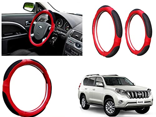Image of Microfiber Car Steering Wheel Cover, Soft Padding Great Hand Feel, Anti-Slip, Faux Leather Steering Cover for Toyota Land Cruiser Prado | Black Red Jali - Pack of 1