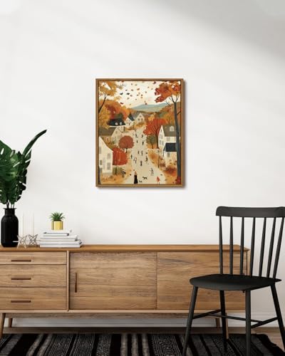 Image of KISSFOX Framed Wall Art Vintage Wall Decor Fall Landscape Pictures Cottage Scenery Canvas Art Farmhouse Countryside Paintings Artwork For Bedroom Kitchen Living Room