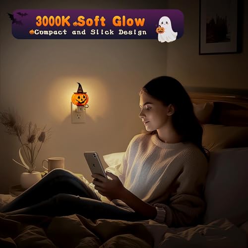 Image of JandCase Pumpkin Night Light, 2 Pack 3000K Night Lights Plug into Wall | Cute & Funny Halloween Night Light for Kids, Plug in Pumpkin Nightlight with 360 Rotatable for Halloween Party Decor