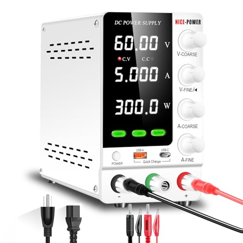 Image of NICE-POWER DC Power Supply Variable 60V 5A, Adjustable Regulated DC Bench Power Supply with OCP /OVP /Encoder /Output Switch, Benchtop Lab Power Supplies PSU with USB-A and Type-C Fast Charge (White)