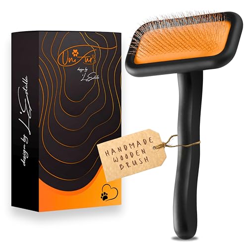 UniFurs Black Medium Dog Slicker Brush for Dogs and Cats Grooming | Detangle, Fluff & Volumize | Soft Vented Cushion | Matt Rubberized Paint | Ergonomic Handle | Wire Brush | Orange Details