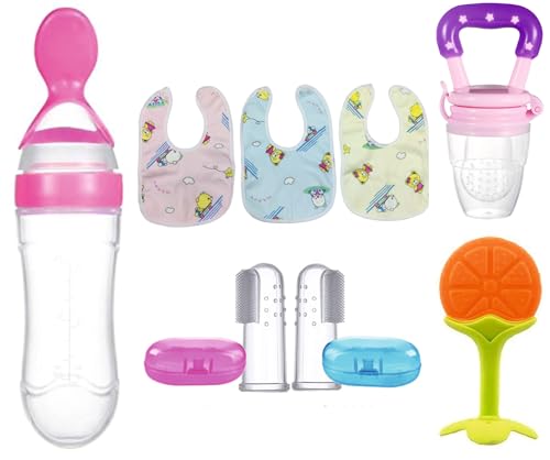 Image of 8-Piece Baby Feeding & Oral Care Set | Silicone Spoon Bottle 90ml, Fruit Feeder, Fruit Teether, Finger Tooth Brush (2pcs) & Waterproof Silicone Bibs (3pcs) | BPA-Free Newborn Kit (Combo of 8) (Pink)