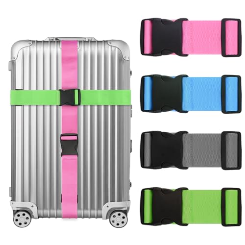 4 Pack Luggage Straps for suitcases, 4 pcs Extra Long Suitcase Straps TSA Approved Luggage Belt with Buckle, Adjustable Travel Belt for Luggage for 20'' - 32'' Suitcases(Grey Blue Green Pink)