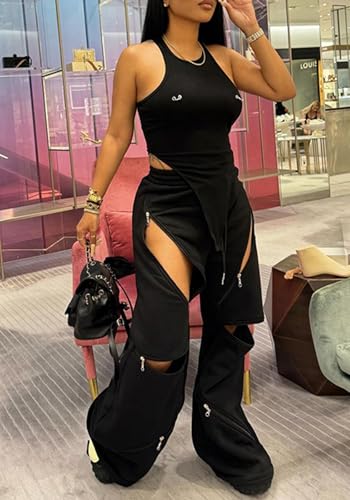 LETSVDO Women's Wide Leg Baggy Sweatpants High Waisted Patchwork Flare Pants Y2k Cut Out Multi Zipper Cargo Sweatpant2