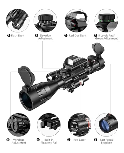 MidTen 4-16x50 AO Tactical Rifle Scope Dual Illuminated Optics & Illuminated Reflex Sight 4 Holographic Reticle Red/Green Dot Sight & Laser Sight & Flashlight