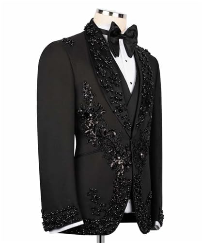 Men's Black Tuxedo with Flower Applique Beaded Tuxedo Slim Fit Shawl Lapel Blazer for Dinner Prom Wedding3