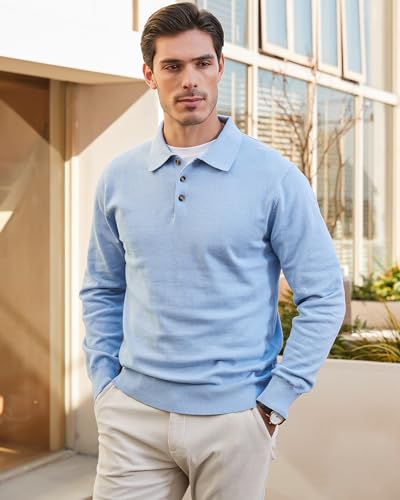 Image of Kallspin Mens 100% Cotton Polo Sweater Long Sleeve Button Down Knit Pullover Relaxed Fit Collared Casual Tops