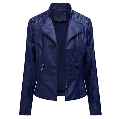 Lu's Chic Women's Motorcycle Jacket Ladies Fashion Dressy Vegan Faux Leather Biker Coat Light Suede Slim Fit Crop Blazer Outerwear Short Moto Leather Jacket Navy 8 #TOP1