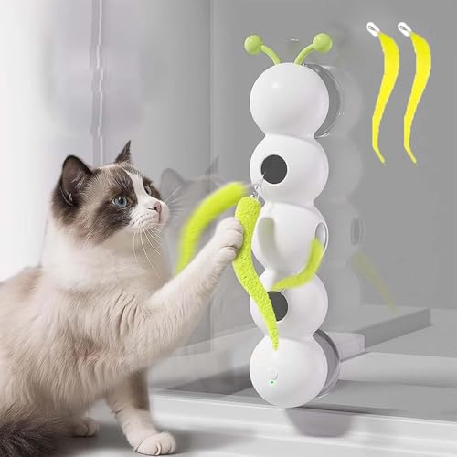SHOTHF(向日) 猫おもちゃ 電動 2025年アップグレード新登場 猫じゃらし 一人遊び かわいい 円筒形のキャタピラー型電動猫用おもちゃ 2つの大きな吸盤付き USB充電 運動不足解消グッズ ストレス解消 狩猟本能を刺激 ぶら下げる 羽 糸アップグレ
