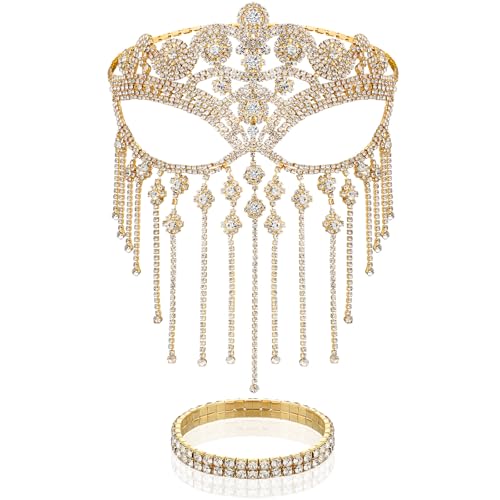 Sureio 3 Pack Masquerade Mask for Women Masquerade Jewelry Set Tassel Mask Fringe Veil Face Chain Rhinestone Crystal Necklace Bracelet for Halloween Wedding Cosplay Costume Party Accessory(Gold)