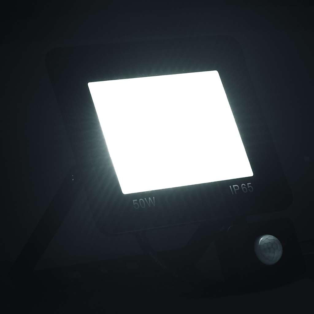 Reflektor LED z czujnikiem ruchu, 50 W, reflektor zewnętrzny, zimna biel, 6000 K, ochrona IP, aluminiowa obudowa do ogrodu, na podwórko, wjazd, fasadę