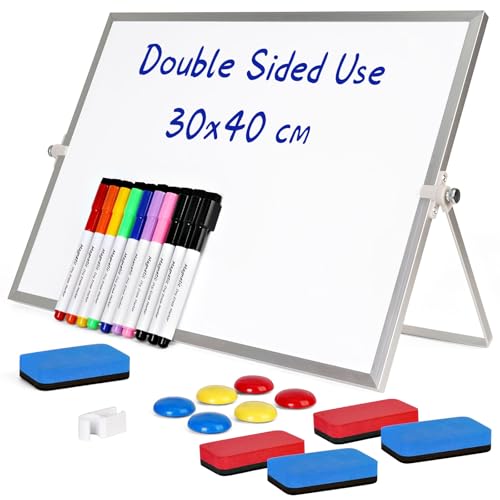 Tableau Blanc Effaçable sur Pied, 30x40 cm Ardoise Effaçable Magnétique Double Face avec Support, Whiteboard avec Cadre en Aluminium, White Board Polyvalent pour...