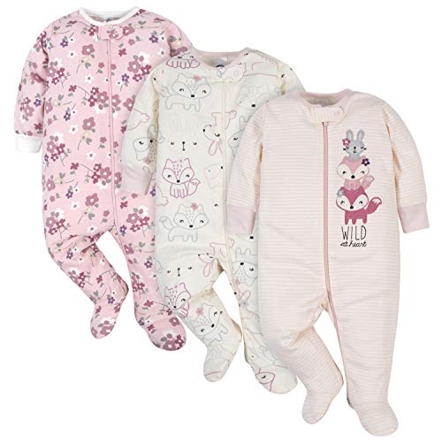 Gerber Baby Girls  3-Pack Organic Sleep  N Play, Pink Fox, 3-6 Months