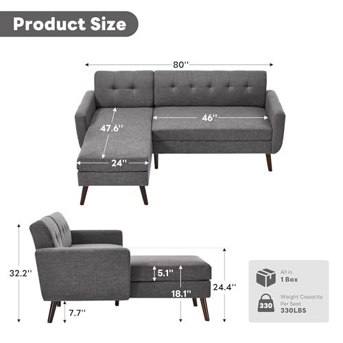 Image of Kingfun L Shaped Couch, 80 inch W Mid-Century Modern Sofa, Sectional Couches, 3 Seater Sofas with Wide Chaise Lounge, Button Tufted Upholstered Sectional Sofa for Living Room, Bedroom, Gray