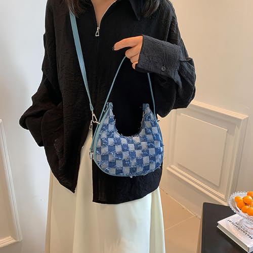 Women's Denim Handbag Shoulder Bags Retro Plaid Satchel Bag with Zip Small Bag Purse3