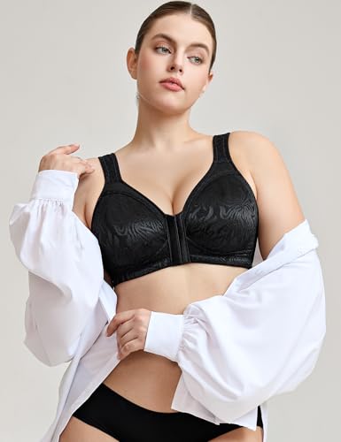 Image of Wingslove Women's Front Closure Minimizer Bra Full Coverage Wirefree Comfort Plus Size Racerback Jacquard Non Padded