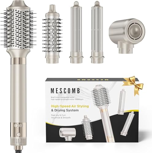 MESCOMB Air Styler 5 en 1 Air Brush Brosse Chauffante Sèche-Cheveux avec Brosse Ovale, Pas de Dommage Thermique, Style Polyvalent pour Tous Types de Cheveux, Offrir des Cadeaux