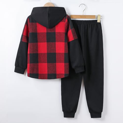 Image of 2Pcs Boys Clothes Sweatsuit Set Hoodie Flannel Plaid Shirt and Jogger Pants for Kids Fall Winter Spring Outfits