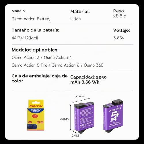 Batería de repuesto 2250 mAh para DJI Osmo Action 5 Pro y 4 CITYORK recargable 7