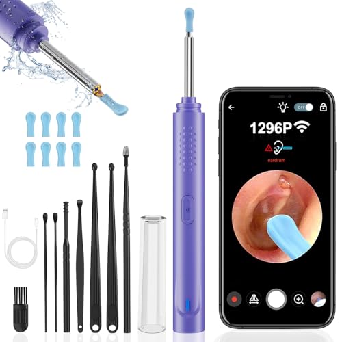 Ear Wax Removal, Ear Wax Removal Tool Camera Built-in 1296P, Earwax Removal kit with 9 Ear Pick and 8 Traditional Tools, Built-in WiFi IP67 Waterproof (Purple)