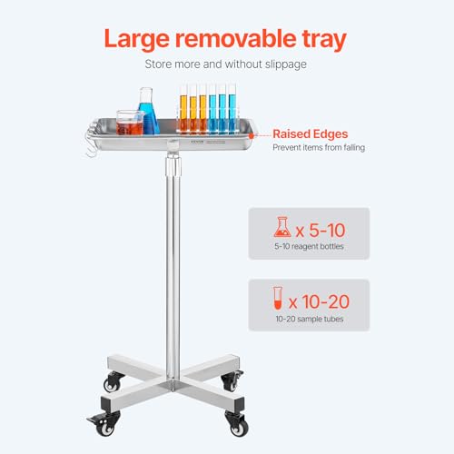 Image of VEVOR Mayo Stand, Stainless Steel Mayo Tray, Load Capacity up to 36 lbs, Adjustable Height 31.9 inch-55 inch, Medical Tray on Wheels with Removable Tray for Spa, Salon, Clinic, Personal Care