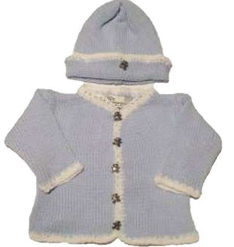 Knitted Blue Cotton White Chenille Trim Cardigan Hat Set (12-18 mo)