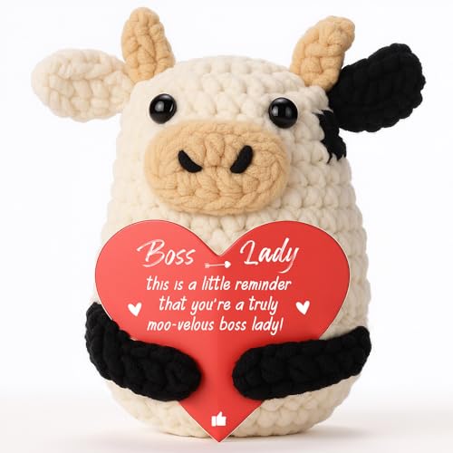 YUEYUQIU Bosses Day Gifts for Women, Handmade Crochet Cow Decor, Best Boss Lady Ever Presents from Employee, Cute Office Desk Accessories for Her, Funny Birthday Christmas Mentor Appreciation Gift