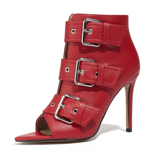 Women's Gladiator Cutout Heeled Sandal Bohemian Summer Open Toe Stiletto Party Sandals Sexy Dress Ankle Strap Buckle Booties Red Size 7.5