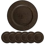 JRHCGH 13' Round Faux Wooden Plastic Plates, Brown Antique Charger Plates Bulk Wedding,Charger & Service For Dinner Plates Elegant Decor Place Set Of 6 (3312-04C)
