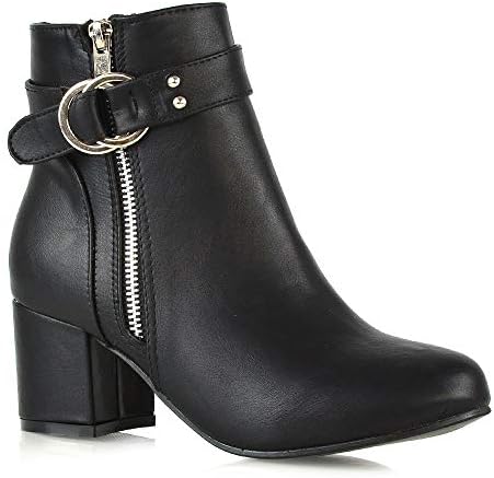 ESSEX GLAM Womens Block Heel Ankle Boots Ladies Black Synthetic Leather Zip Buckle Ankle Strap Low Mid Heel Smart Booties Shoes 5 B(M) US