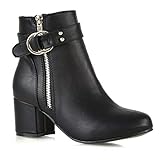 ESSEX GLAM Womens Ankle Boots Block Low Mid Heel Ladies Zip Buckle Strap Smart Booties Shoes Black Synthetic Leather