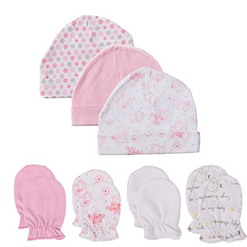 Newborn Baby Soft Cotton Organic Cap and Mitten Set Sunny Hats for Hospital Baby Boy and Girl(0-6 Months)