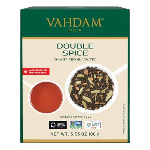 VAHDAM, Double Spice Masala Chai Tea (50+ Cups, 3.53oz) Strong, Robust & Spicy Blend - Black Tea, Cardamom, Cinnamon, Cloves & Black Pepper | Pure Unblended Loose Leaf Tea | Vacuum Sealed Cover