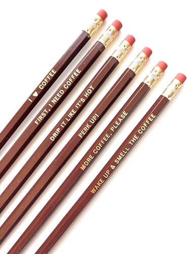Coffee Lover Pencil Gift, Brown Wood with Gold Text, 6 Pieces, Motivational Coffee Quotes,