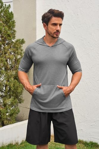 Men's Thin Hooded T Shirt Sweatshirts Short Sleeve Cool Solid Color Pullover Hoodies with Kangaroo Pockets2