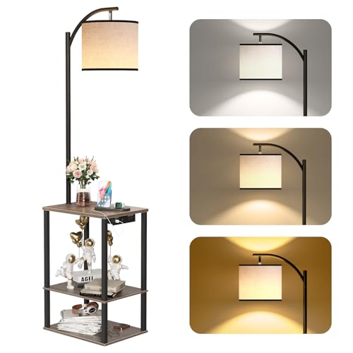 Image of SUNMORY Floor Lamp with Table, End Table for Living Room with Lamp, Shelves Side Table with Charging Station(USB & AC Port), 3 Color Temperature LED Bulb, Modern Nightstand Lamp for Bedroom, Office