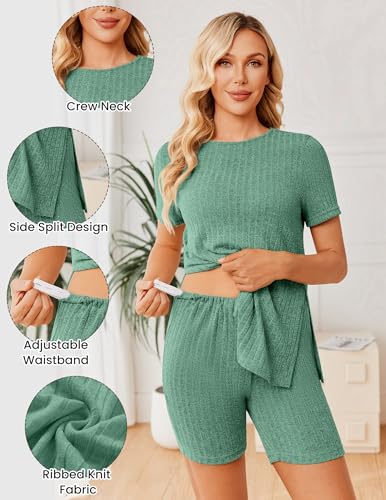 Image of Ekouaer Maternity Sets 2 Piece Outfits Short Sleeve Shirts and Biker Shorts Pregnancy Loungewear